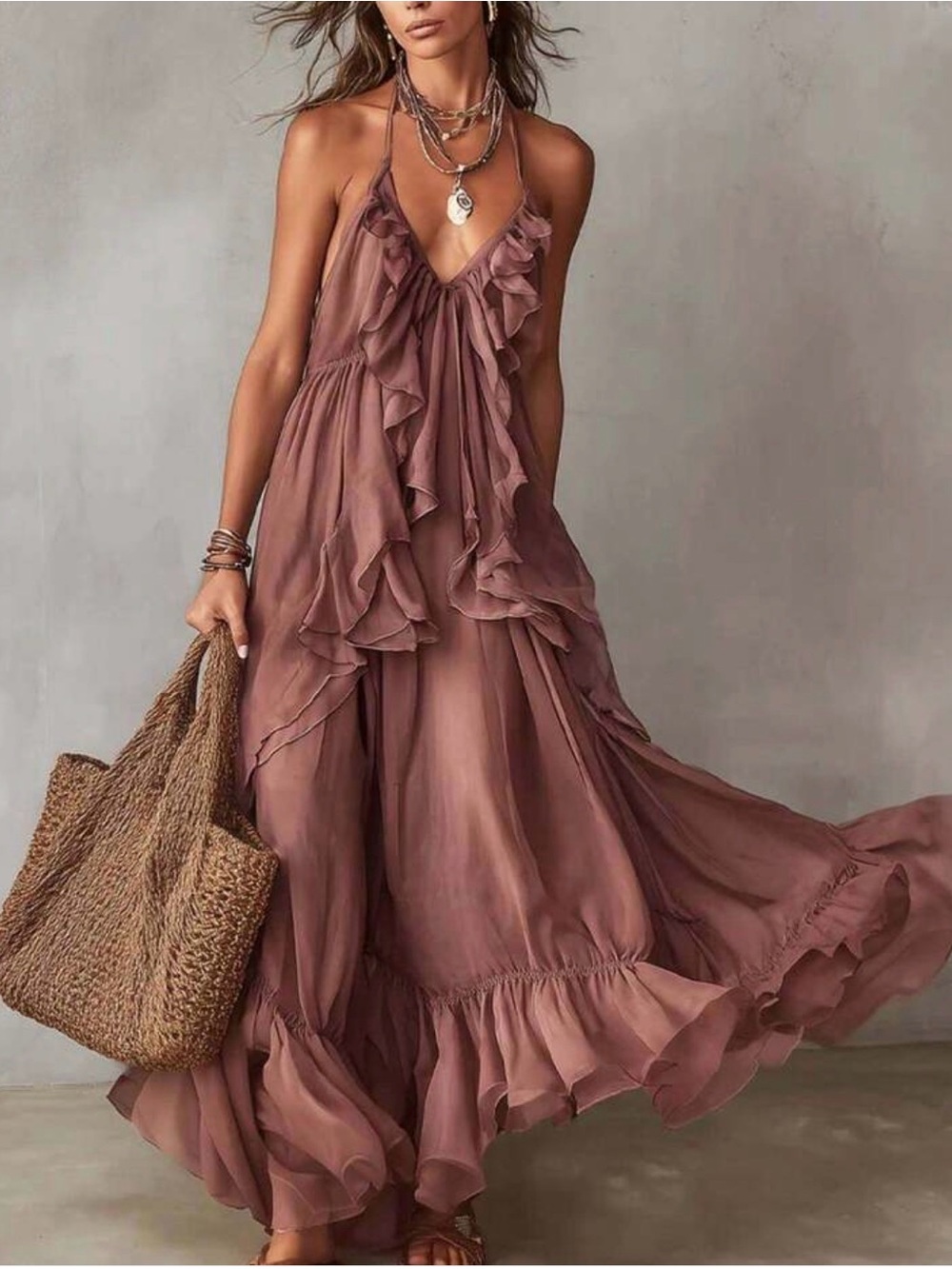 Boho Ruffle Halter Maxi Dress in Dusty Rose size Small